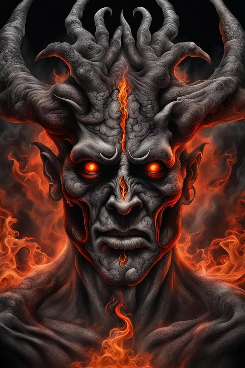 smoking attraktive demon with tattoo in hell, dark magic, light red black and white dark grey , dark steel dark red, orange, grey light orange, dark evening, digital art, dark shadows, smoke, fire, professional photo, photorealistic, highly detailed, masterpiece