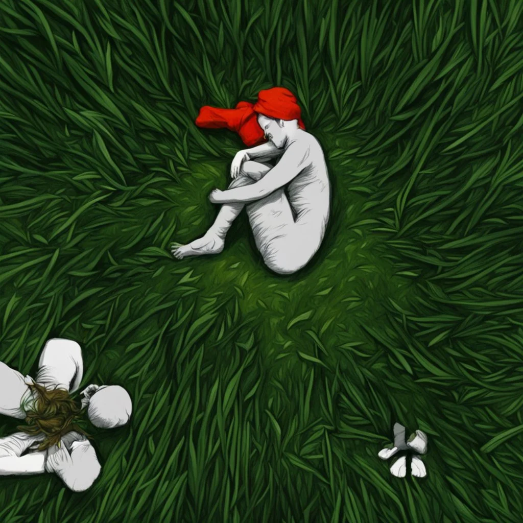 A lonely man is hugging his knees and sleeping in the meadow