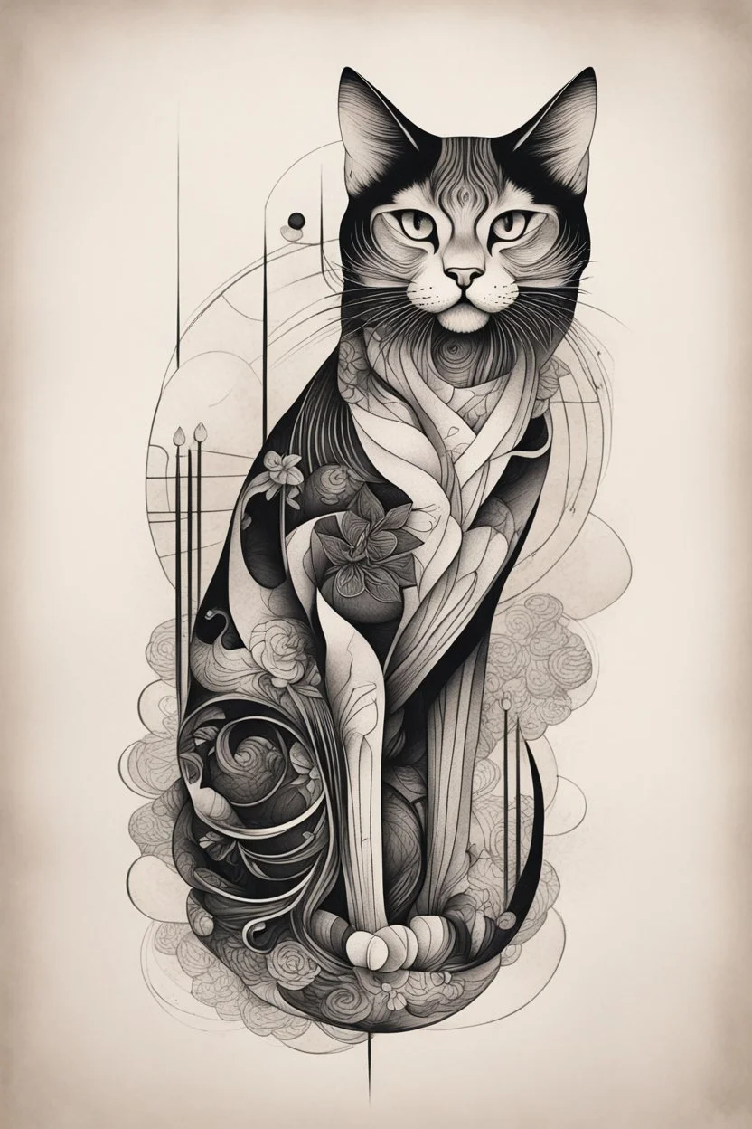 Create a captivating modern 2d ink tattoo design for print , prestigious Sacred Cat using the elegant influences of japan art style, for print, dynamic elements from fashion and design, and bold Japanese contemporary art aesthetics, framing centered in the center, distanced from the edges of the paper perimeter, perfect anatomy, bauhaus, Divine Proportion,
