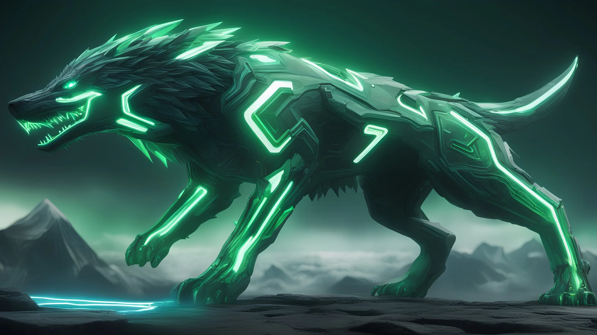 huge,A TRON green fenrir bigger than a mountain,4k 8k,green aura,