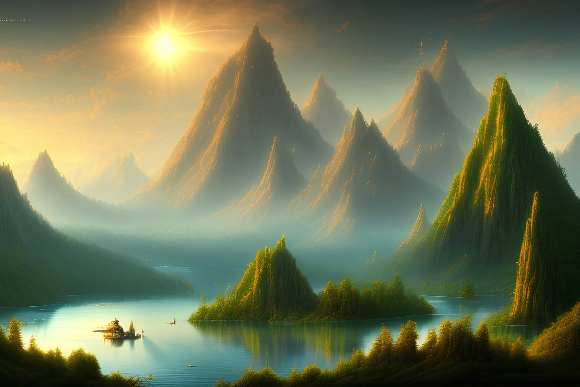 Clouds, mountains, lagoon, science fiction landscape