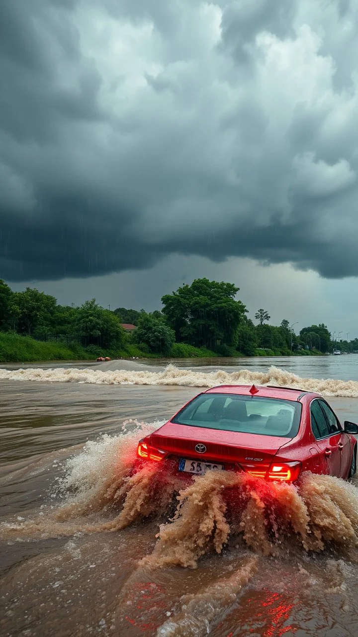 A car in rage flooding river with severe rain and cloudy sky with thunderstorms
