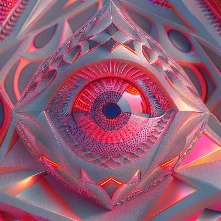 Optical Illusion, eye, pink orange red silver, geometric Pattern render, HD, 3D , Unreal engine, solids, intricated details, vibrant colors, Unreal Engine, octane render, 8K