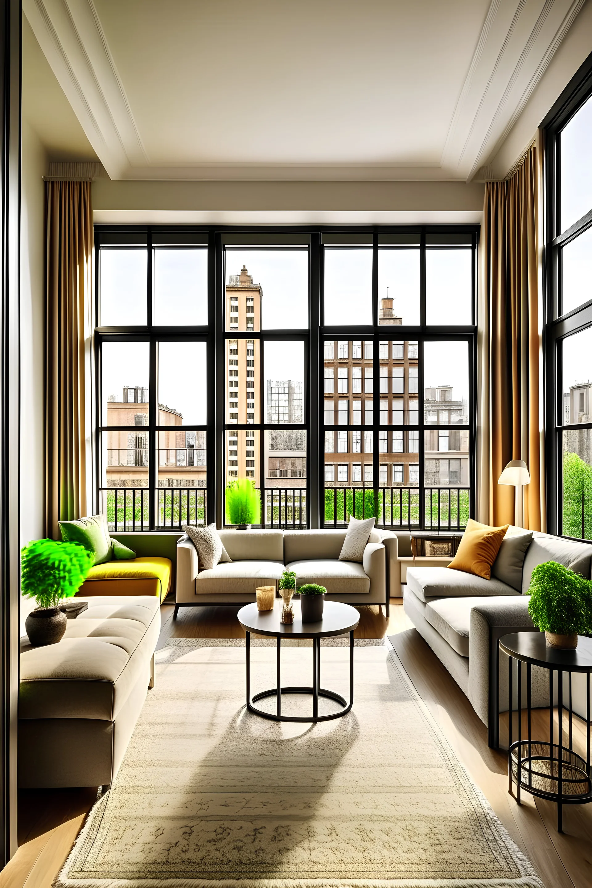 design fusion interior flat view inside with big french window and some aesthetic furniture to Manhattan