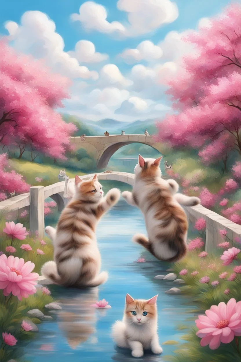 in the center: beautiful chunky cats dancing on a bridge , background: landscape, first plan: pink flowers and a small river with blue water, sky: white clouds with more cats sitting on them