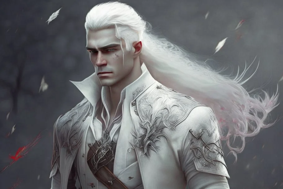 A Fantasy Human, a white masculine human with medium white hair. Battle Scars. Full body. Military clothes. HD