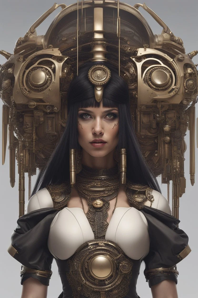 full body picture of a woman with a bob, a fringe hairstyle, Cleopatra clothing futuristic steampunk