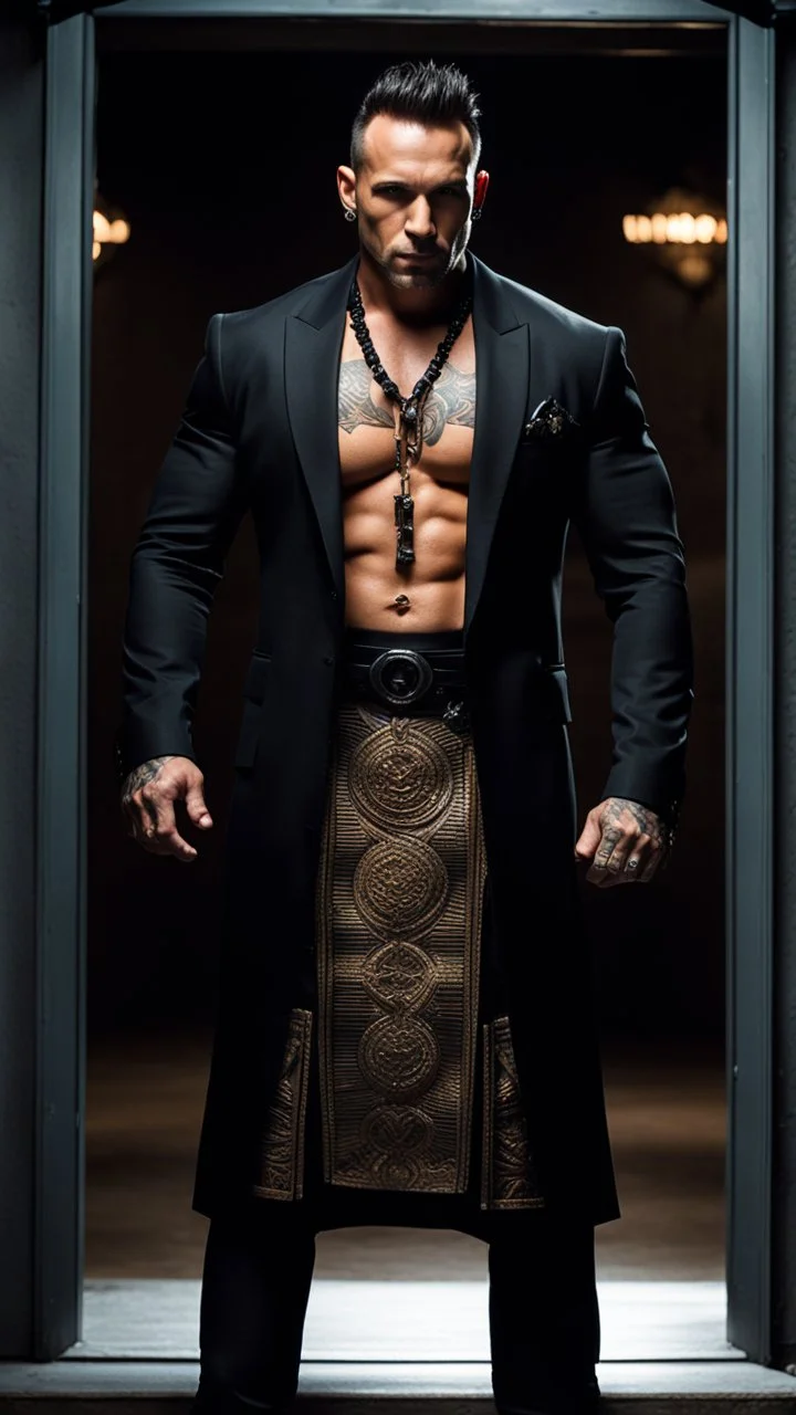 Jason David Frank as a Very muscular alpha male with short hair and tribal tattoo and piercings. Wearing a black designer suit , standing in a doorway. dark fantasy, hyperrealistic