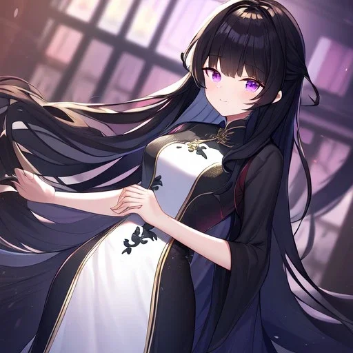 Clear focus,High resolution, Black long fluffy hair, and purple eyes, wearing a chinese dress, cute