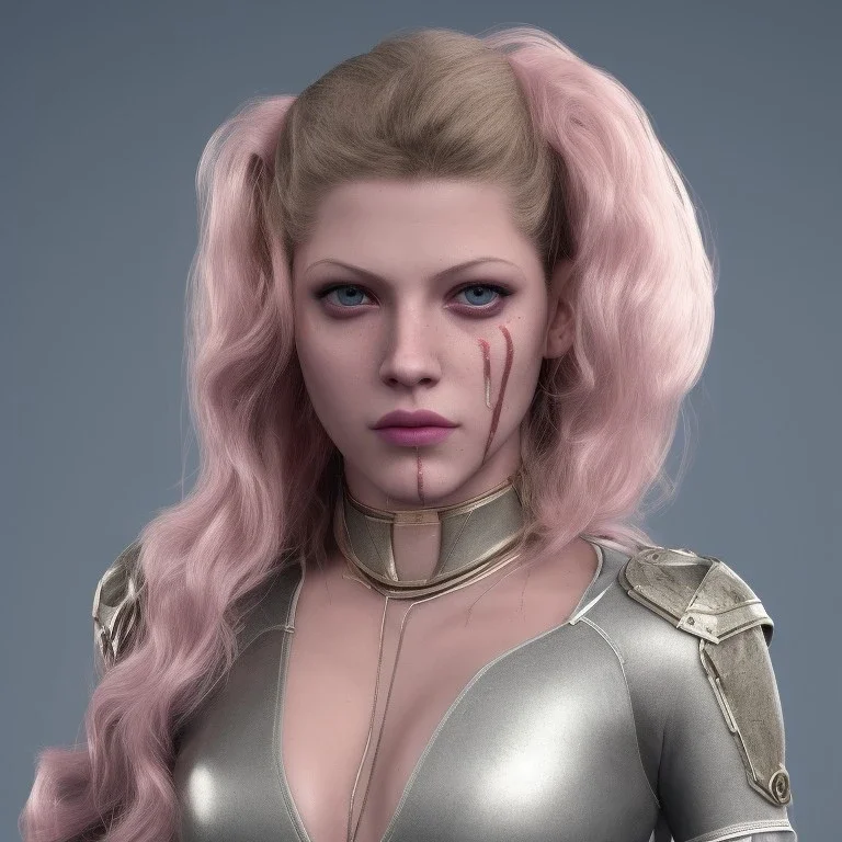 Actress, young Katheryn Winnick, android woman, gold tees, circuits in face, glow painted face, shaved hair, ghost in the shell, leather coat, elastic bodysuit, cyber punk, neon ambient, army, bamboo, blood, portrait, gradient background, unreal engine 5, soft color, 16 bit, god lights, ray tracing, RTX, lumen lighting, ultra deatail, volumetric lighting, 3d, finely drawn, hd.