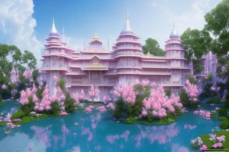 a magical crystal flower lotus magnolia lys bougainvillier, blue gold house indian palace castle in the woods, magnolias pink,blue lake,sun,white swanns,pink vertical, blue lake,sharp, vines, candlelit, endor, ornate, elegant, highly detailed, artstation, concept art, smooth, sharp focus, illustration, 8k, splash art, wallpaper, key visual