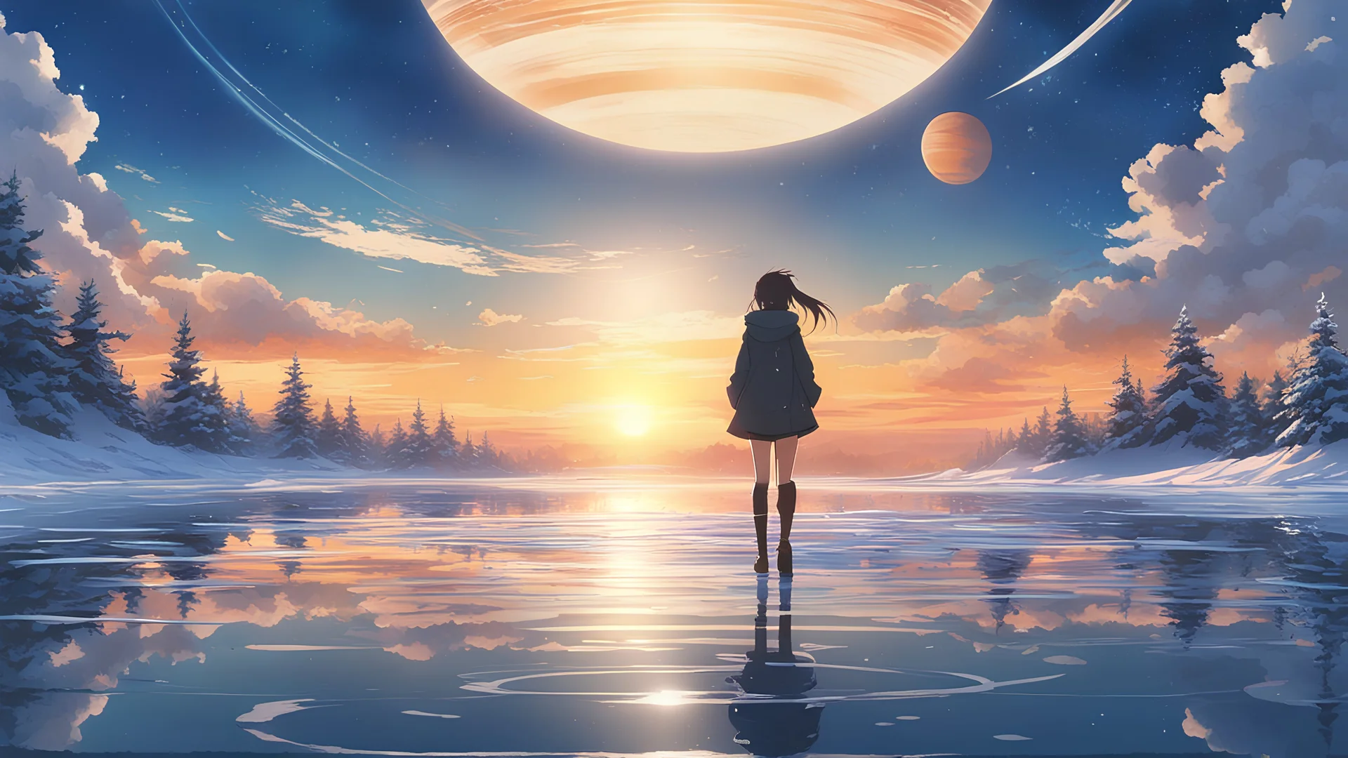 winter, (1anime girl) walking on water, ripples, backdrop of dawn, saturn in the background, illustration, concept art, anime, key visual, trending, pixiv, fanbox by wlop, makoto shinkai, anmamoru hosada, studio ghibl