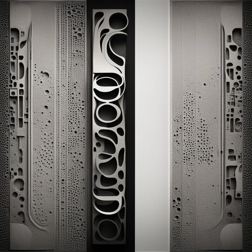 make three separate asymetrical offset differnt sized cel panels, creative surreal abstract compositions in style of HR Giger and VS Gaitonde, divorced from reality, dark shines, abstract braille glyph vertical textures, by Victor Pasmore, minimalism, white negative space