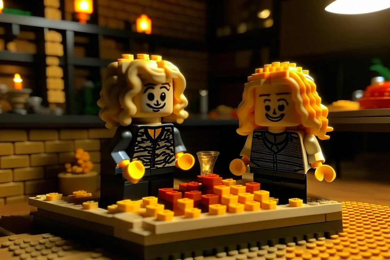 blonde lego girl and curly black haired lego boy eating lego pizza in an italian restaurant in candlelight