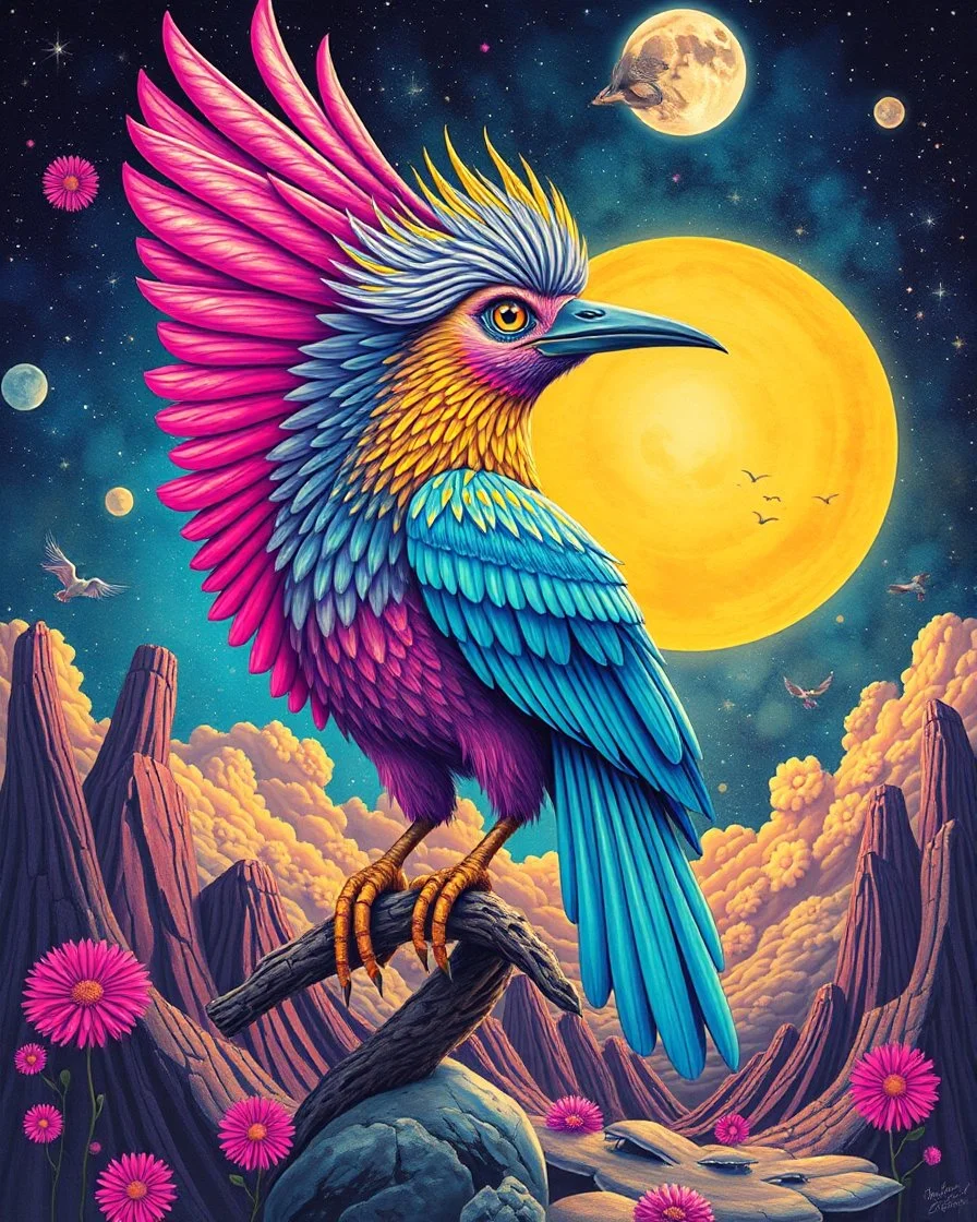 Lowbrow pop surrealism hallucinogenic bird of majestic beauty and glory