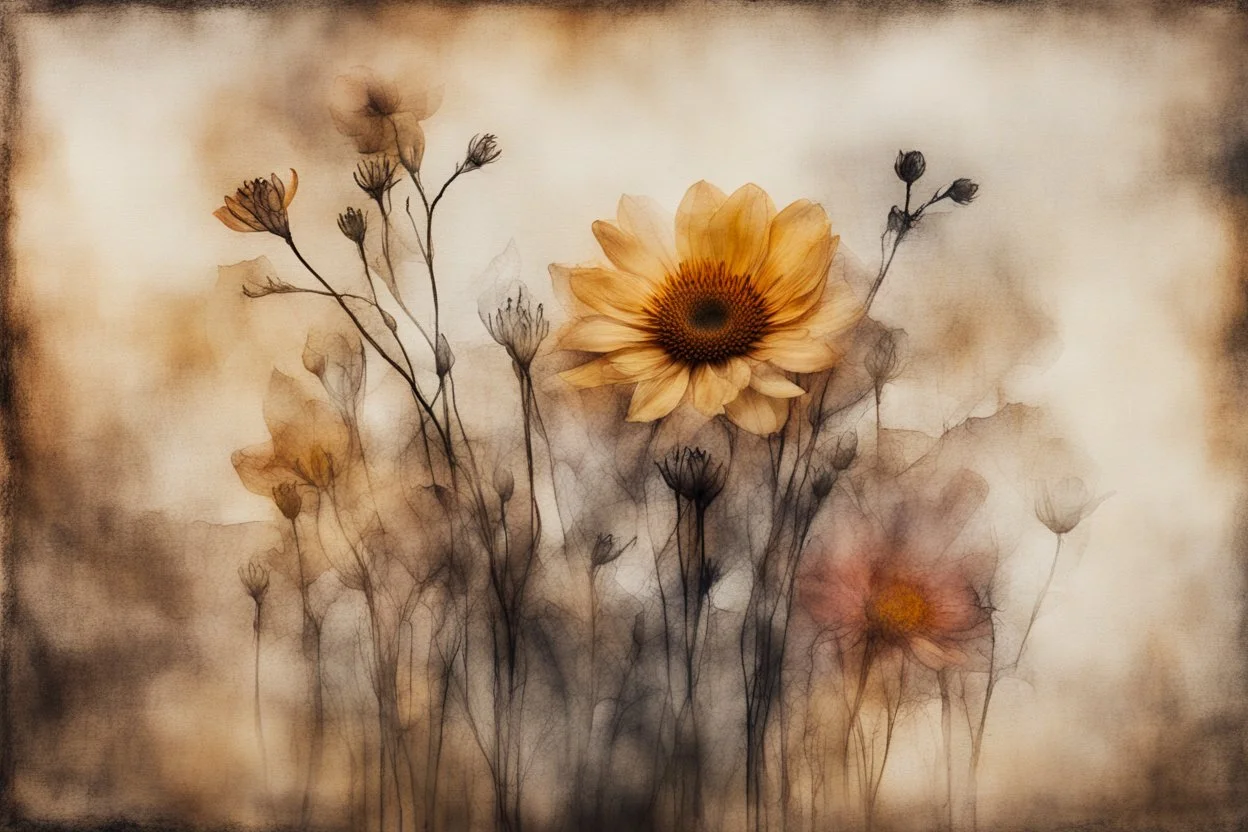 double exposure, merged layers, painted and burned burlap, beautiful collection of flowers, melting watercolor and black ink outlines on wet paper, soft, shading strokes, in sunshine, ethereal, otherwordly, cinematic postprocessing, bokeh, dof