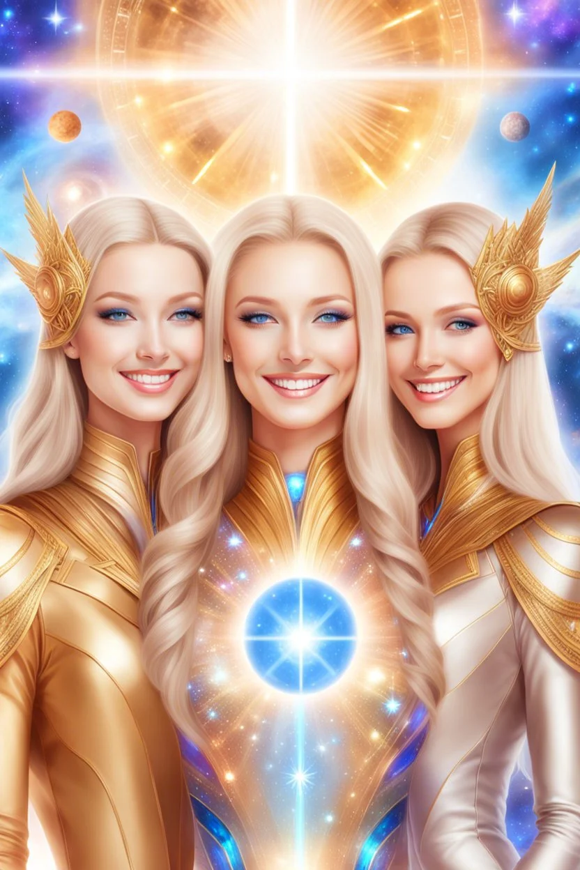 cosmic woman smile,galactic fédération, admiral from the future, one fine whole face, crystalline skin, expressive blue eyes,rainbow, smiling lips, very nice smile, costume pleiadian, Beautiful tall woman pleiadian Galactic commander, ship, perfect datailed golden galactic suit, high rank, long blond hair, hand whit five perfect detailed finger, amazing big blue eyes, smilling mouth, high drfinition lips, cosmic happiness, bright colors, blue, pink, gold, jewels, realist, high,rainbow commander,