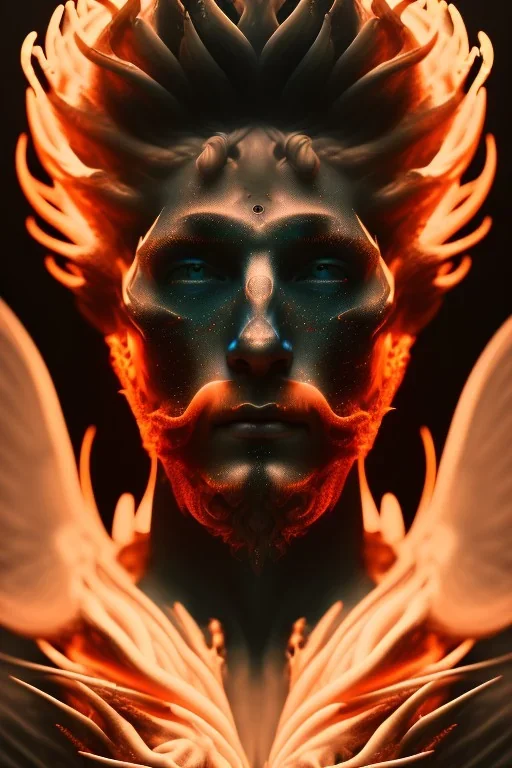 portrait photography of an ethereal beautiful animal god, Fire theme art, Dark moody night atmosphere, Portrait of a man by Michelangelo, 8K, close-up face, anatomically perfect face, oak tree roots, ignore NSFW