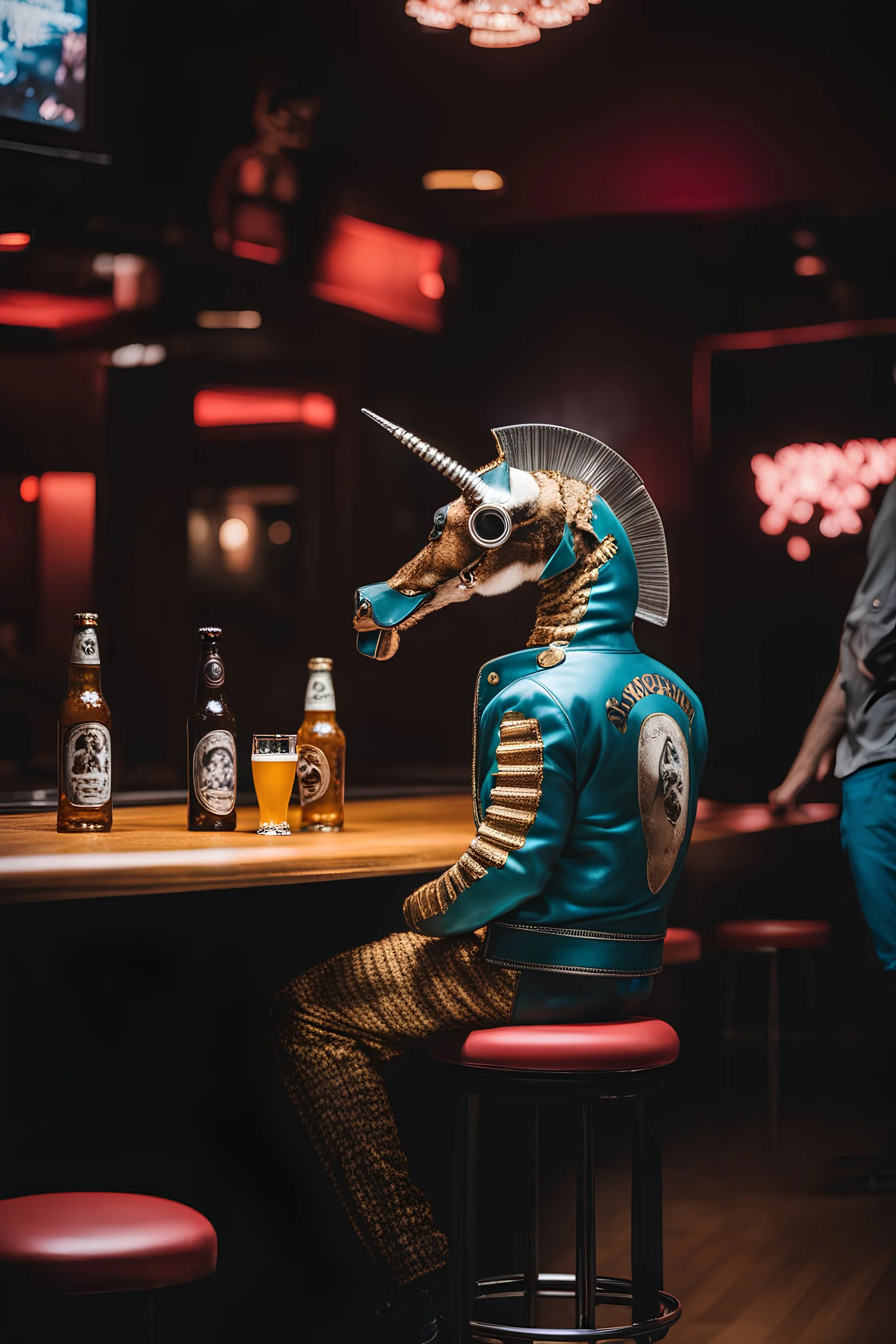 photo of a seahorse dressed bosozoku outfit sitting at a table in a bar with a bar stools, bottle beer, award winning photography, Elke vogelsang, bosozoku outfit, award winner photo, best composition