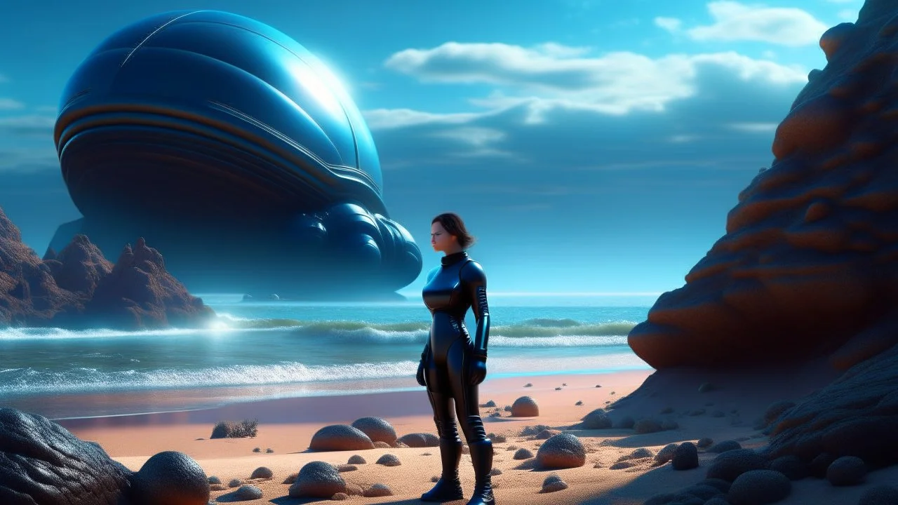 A woman in a catsuit standing on a beach of an alien world, in a rocky crystal-covered landscape with a crashed spaceship in the distance