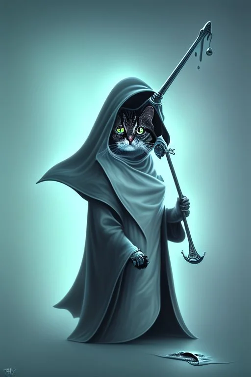 grim reaper cat, 4k, trending art, weird perspective, mirrors, reflection, water, smoke, realism, spray paint, chalk, fine pencil, escher, godel, bach