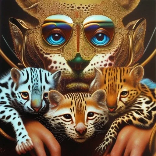 Salvador Dali with his pet ocelot Babou , hypperealism , surrealism , a masterpiece by salvador dali himself, outlandish painting , extreme painting , high definition , high detailed,vivid deep colours, complex ,oil on canvas ,