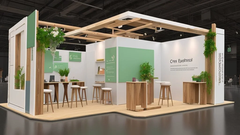 Corner exhibition stand in light colors with wood elements and greenery with two meeting areas