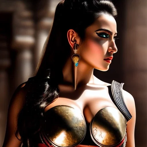 portrait oil on canvas of beautiful busty Female Warrior,ancient metal armor, cinematic composition, extreme detail,8k,fit full head inside picture,