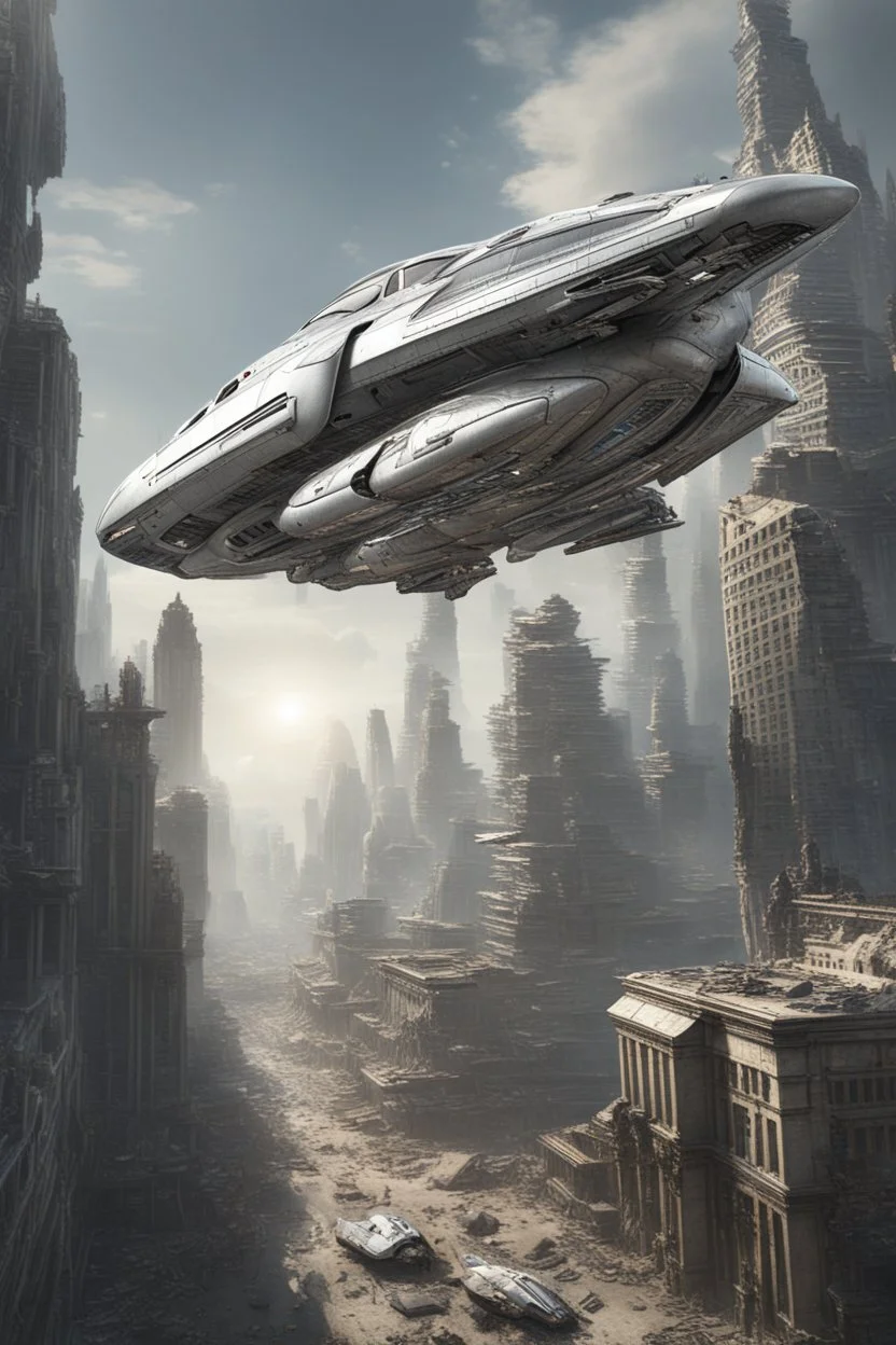 a photorealistic sleek silver spaceship flying over a futuristic ruined city