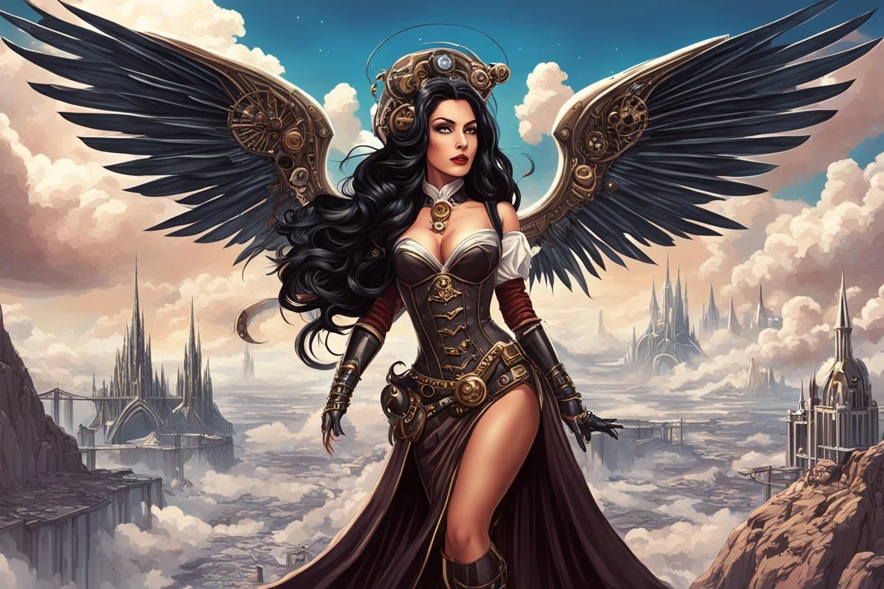 exotic sci-fi steampunk pin-up girl, with long dark hair and wings, on an alien planet with cloud trees, tall spires, buildings, bridges, arches