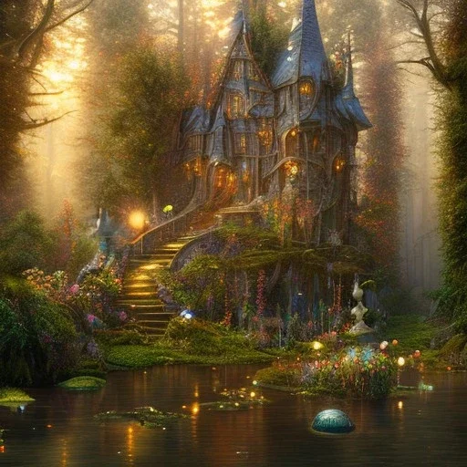 beautiful subsymmetrical elaborate fantasy house made of a tulip, flickering light, forest, clear, reflective lake, 8k, high-quality, ultra-fine detail, Brian Froud, Howard Lyon, Anna Dittman, Anne Stokes, Selina French, Greg Rutowski