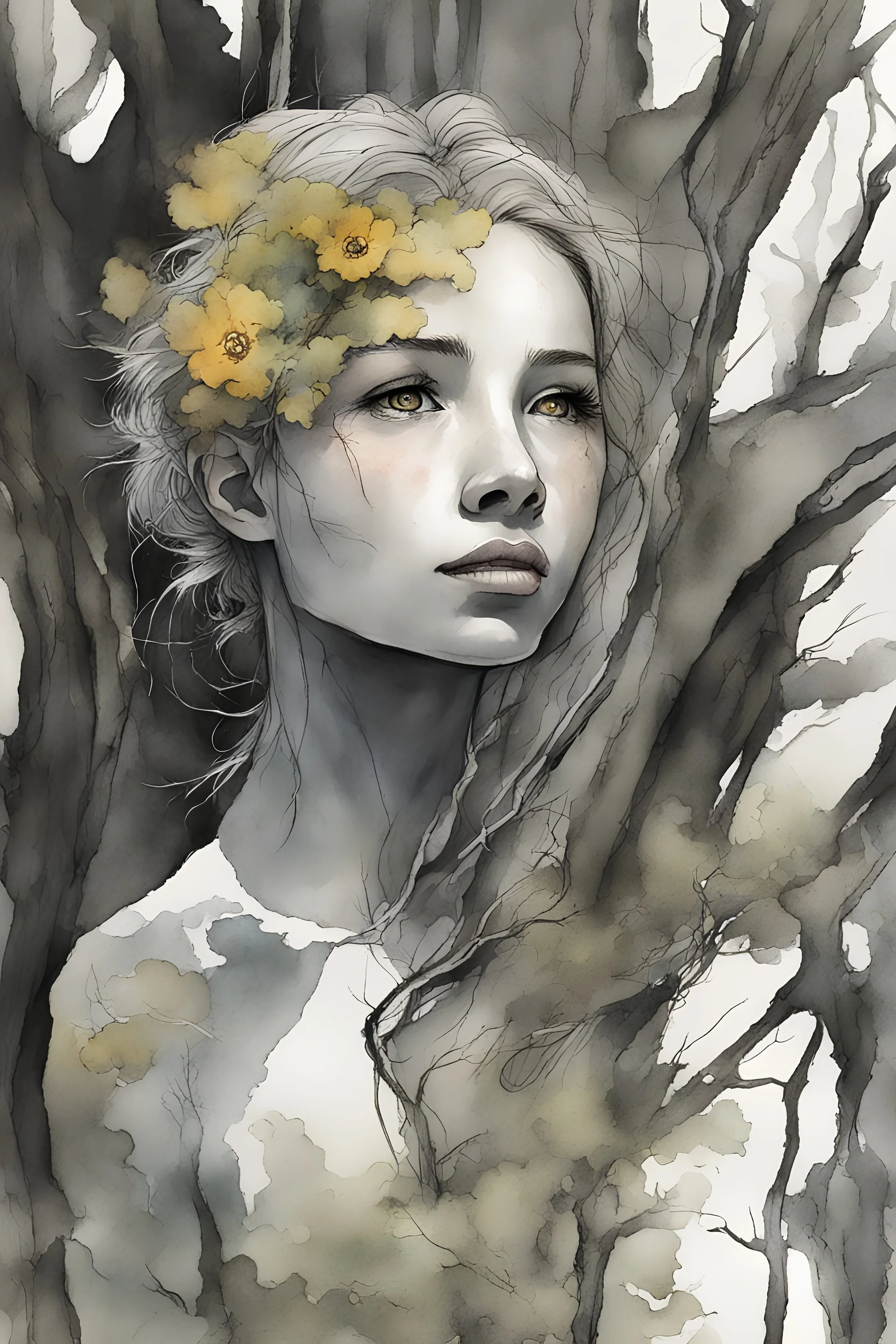 tree bark, scared tree woman, groot, worried female, beautiful flowers for hair, glowing eyes, tree bark flesh, white birch tree, cracks from which faint light shines, create a warm glow, created in inkwash and watercolor, art style of Olivier Coipel, HACCAN, illustrator 由良 Yura, 山田章博 Yamada Akihiro, 四々九 Yoshiku, GANMO＃