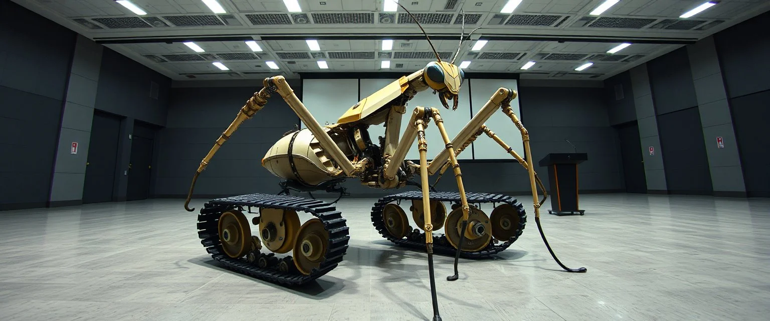 in the style of Escher , pinhole cam, airbrush 3d rendering, on tv screen:A five-second cinematic single take in a clean industrial presentation hall. A bizarre mechanically plausible tracked atv machine stands beside a presentation podium, designed to look like a giant mechanical praying mantis. Two large bicycle wheels form its main body and four thin articulated mechanical legs support it. Two long folded mechanical front arms resemble mantis forelegs, huge head and arms