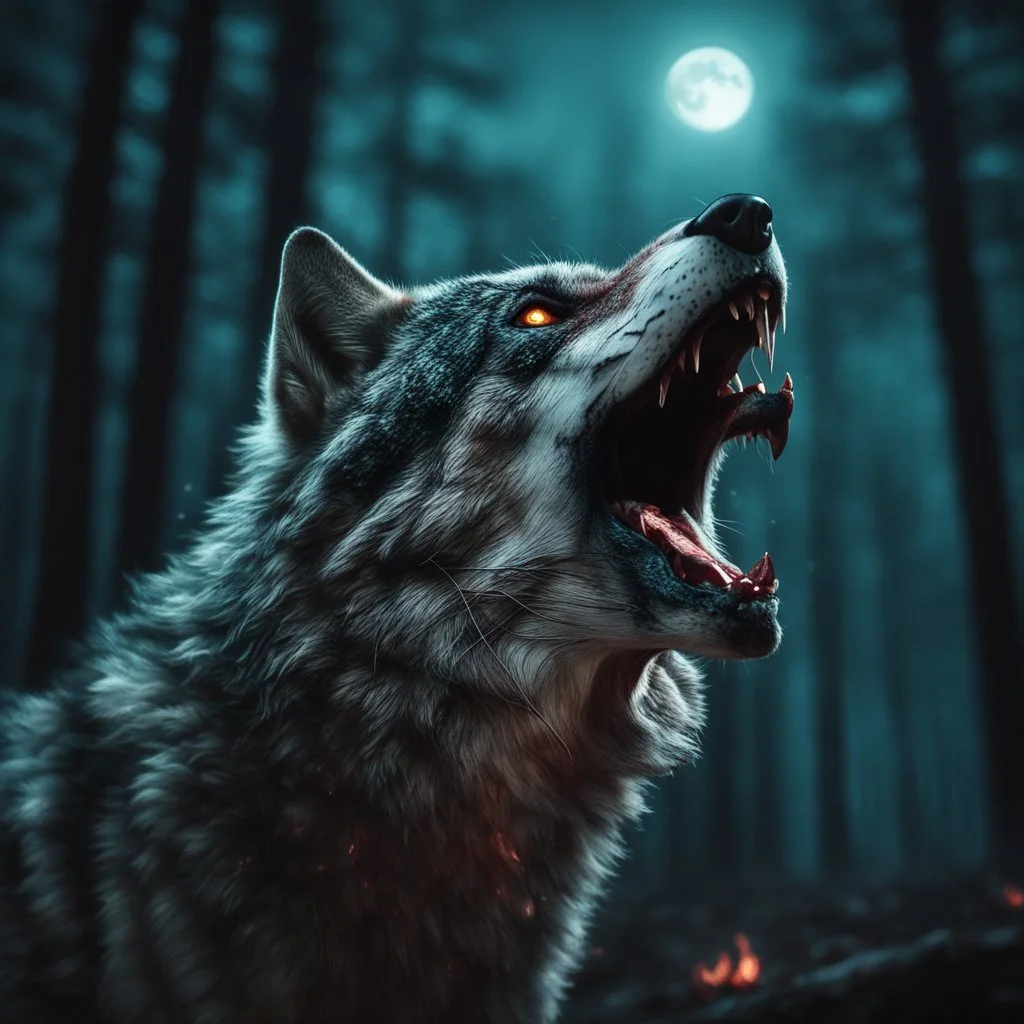 bloodthirsty angry savage wolf howling at the moon, muscular body with shreaded cloths, large claws, sharp teeth, night forest with gloomy dark teal colors, fire sparkle particles, dark tone, sharp focus, high contrast, 8k resolution, shallow depth of field, dramatic lighting, beautifully intricate details, clean environment