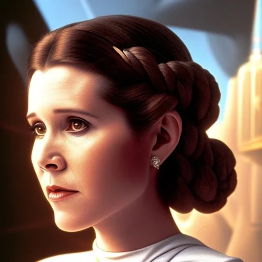 extremely detailed 8k hyperspace wallpaper,complete and photo realistic detailed head to waist stunning photo realistic portrait of carrie fisher as Princess Leia in star wars with photo realistic fine and simple and symmetrical hairstyle, brown eyes, professional majestic photo realistic painting by Ed Blinkey, Atey Ghailan, Jeremy Mann, Greg Manchess, Antonio Moro, ArtStation, Intricate, Sharp focus, dramatic, greg rutkowski, realism, beautiful and detailed lighting, art background