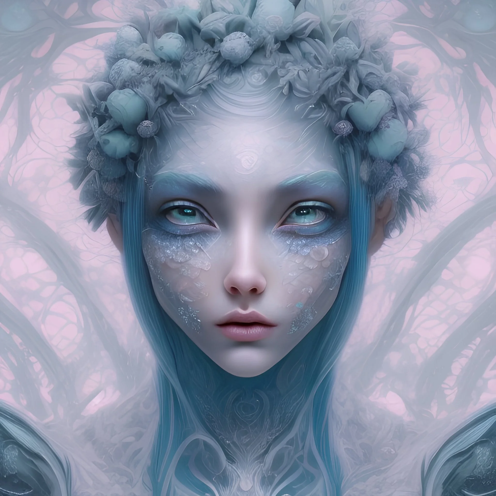 karlan, icy blue, anime, mutated human,tears, crying, sad, fae, majestic, ominous, ice, plants, wildflower, facepaint, intricate, oil on canvas, masterpiece, expert, insanely detailed, 4k resolution, retroanime style, cute big circular reflective eyes, cinematic smooth, intricate detail , soft smooth lighting, soft pastel colors, painted Rena