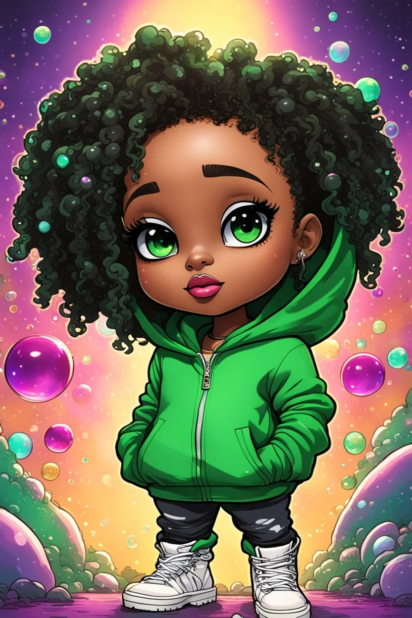 Create an colorful psychedelic comic book illustration of a chibi cartoon black female thick curvy wearing a cut of green hoodie and white jeans and timberland boots. Prominent make up with long lashes and hazel eyes. Highly detailed shiny sister locs. Background of a large bubbles all around her