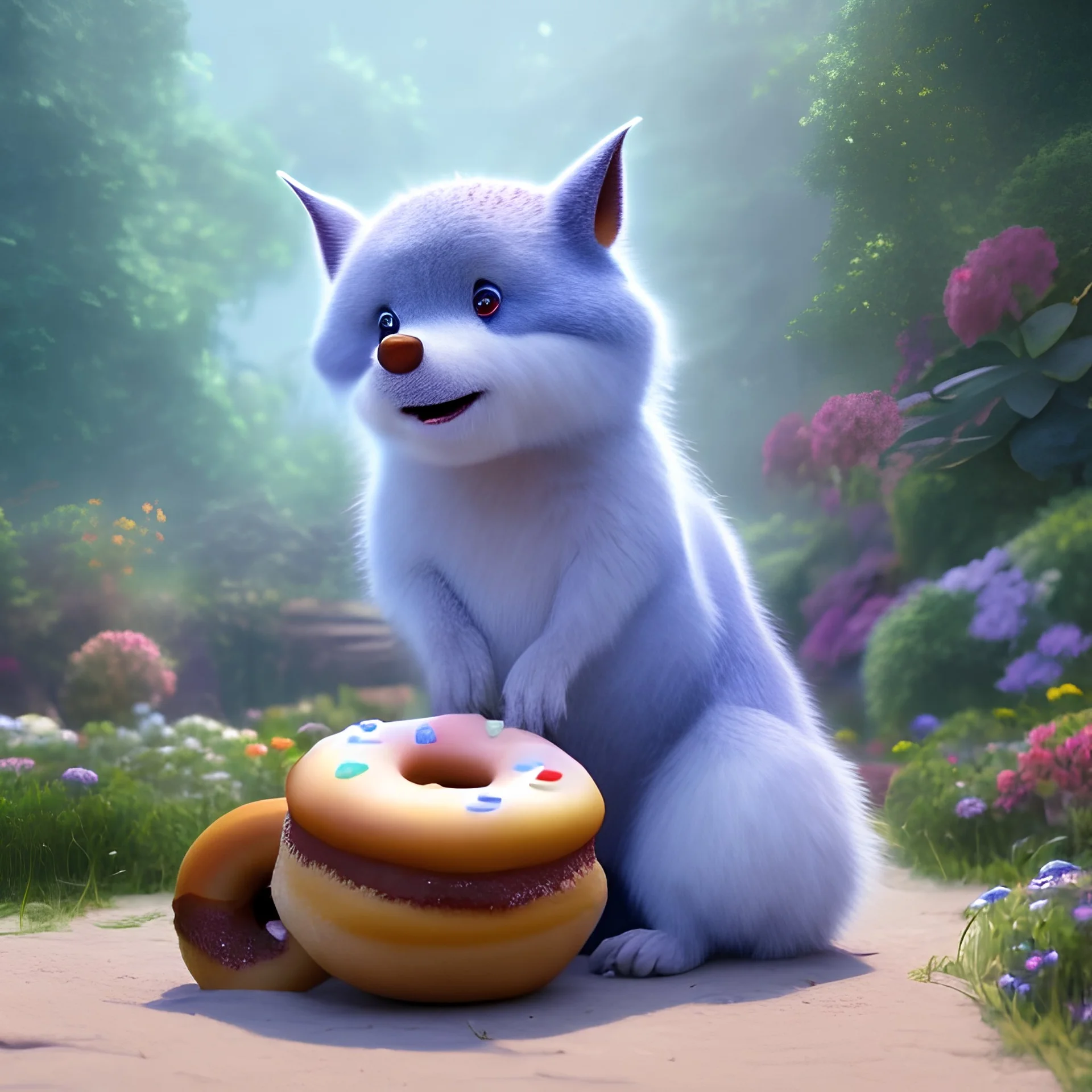 pixar style, volumetric summer garden environment and background, realistic painting of donuts, looking excited, volumetric lighting, dramatic lighting, detailed digital painting, extreme dense and fine fur, anime, ornate, colour-washed colors, elegant, small minutiae, tiny features, particulars, centered, smooth, sharp focus, renderman gofur render, 8k, uhd, detailed eyes, realistic shaded volumetric lighting, sunlight caustics, backlight, centered camera view