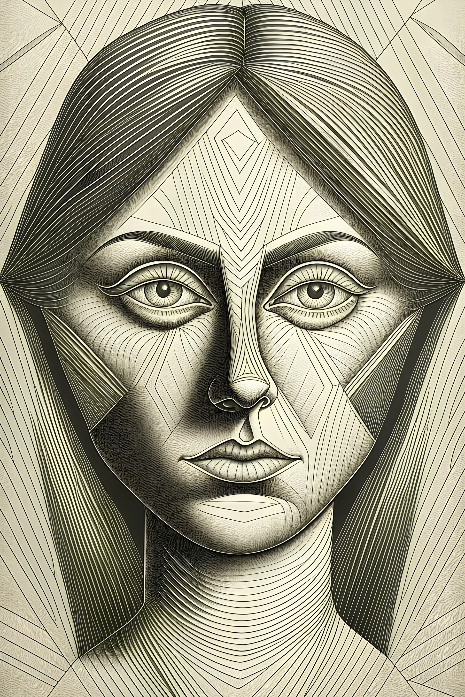 Create an artistic portrait of a woman that incorporates an optical illusion. When viewed from one angle, the face should appear as that of a child, and when viewed from another angle, it should appear as that of a middle-aged woman. The child and middle-aged woman faces should seamlessly blend into a single face, achieved through the use of optical illusion techniques. Design this using an AI-powered drawing program