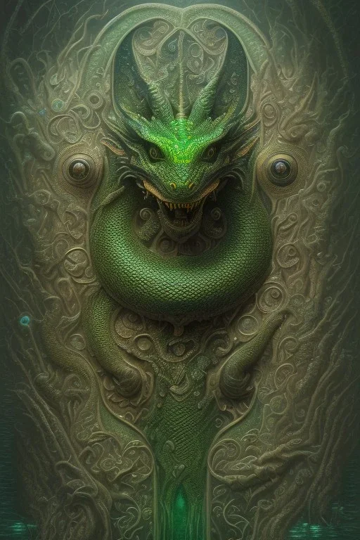 high-quality, fine-detail beautiful, dark green dragon head portrait, clear reflective lake, tranquil, stunning, 8k resolution, intricate, digital art, detailed matte, volumetric lighting, George Grie, Anne Dittman, Anne Stokes, Lisa Parker, Selina French, Alphonse Mucha