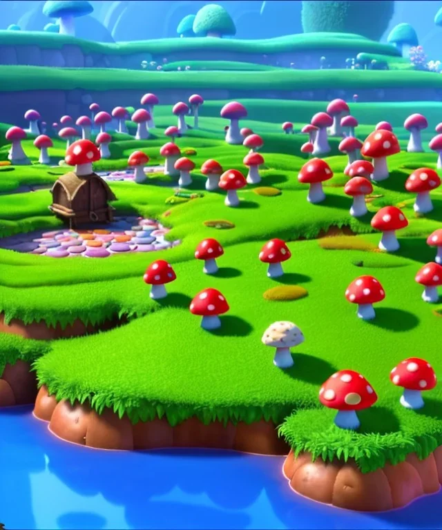 A small and colourful mushroom town in the middle of a large mushroom forest