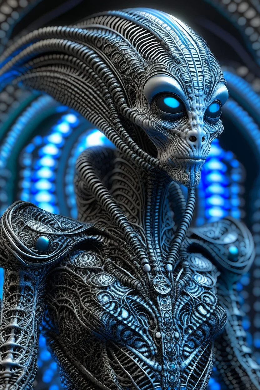 A beautiful alien with big eyes and small nose and mouth wearing a bioluminescense light blir zafír wearing biomechanical amalgamation style leather jacket dress ribbed with silver floral metallic filigree biomechanical vantablack pattern, organic bio spinal ribbed detail of gothic winter backround extremely detailed maximalist hyperrealistic portrait art
