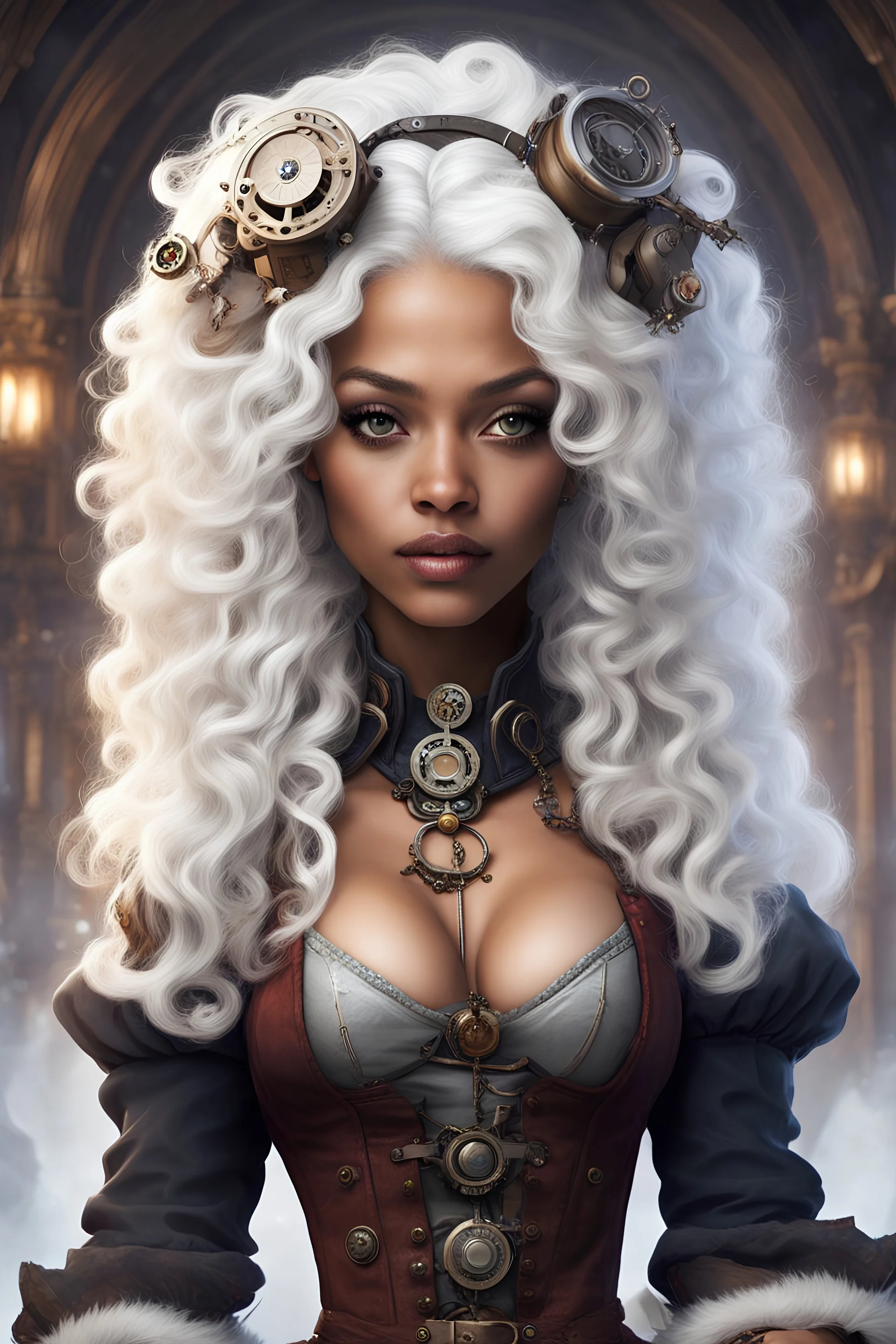 young mulatto steampunk sorceress, with wavy snow white hair, without hat