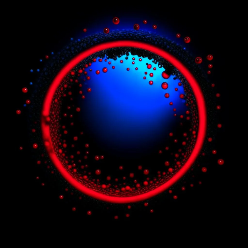 circle of waterdrops, dark romantic atmosphere, dark neon red and blue