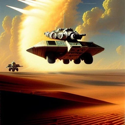 Chris Foss painting of a scene with an armored hovercraft with gun turret in the desert with stormy sky and a duststorm