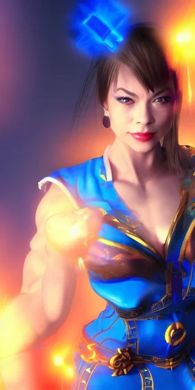 kristin kreuk face, street fighter blue chun li clothes, portrait busty and face, wearing blue dress, light effects, particles,