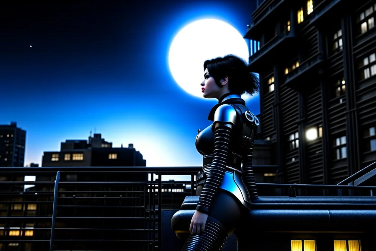 Fantasy Photo Of A Woman With Black Hair, Wearing A robot-looking suit, standing sideways On A Ledge of a building, With A waning moon Behind Her Head