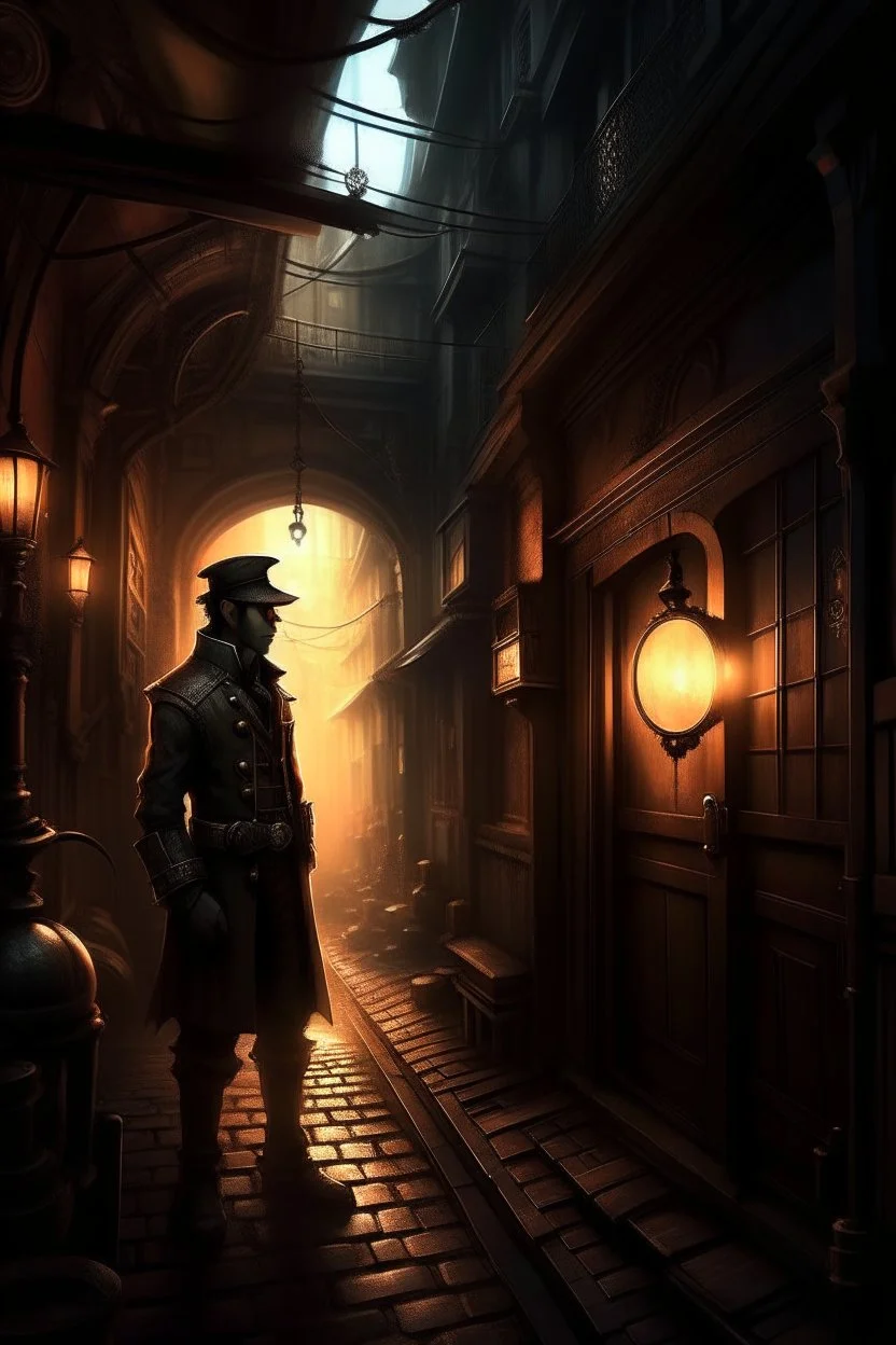 man in dark clothing, hiding around a corner., looking out on a brightly lit steampunk street