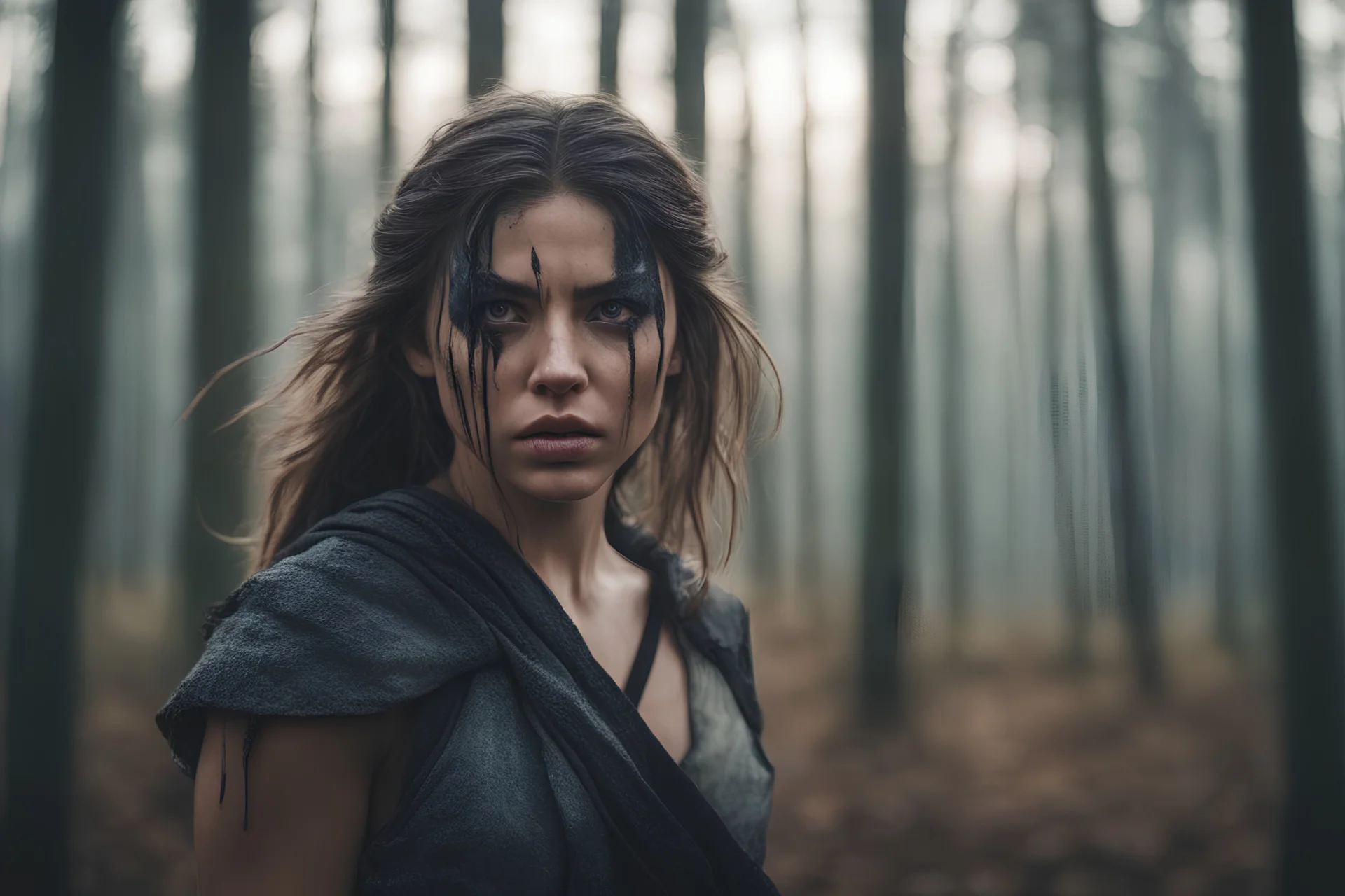 Warrior girl with black tears down her face, gritty, down low at edge of thick forest at dawn, ready to attack, focused, determined, sword, looking off into distance, photo realistic photograph