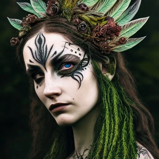 karlan, plant metal, feathers, face tattoo, Dryad, fae, sidhe, ominous, nature, plants, wildflower, facepaint, dnd character portrait, intricate, oil on canvas, masterpiece, expert, insanely detailed, cinematic smooth, intricate detail, soft smooth lighting, painted Renaissance style